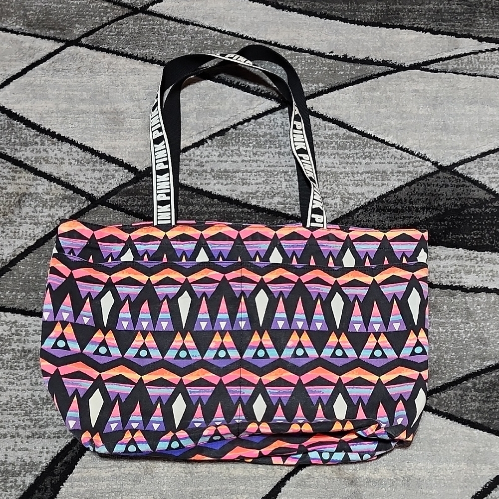 VS PINK 2015 TWO-EXTERIOR POCKETS AZTEC TRIBAL PRINT CANVAS LOGO TOTE BAG